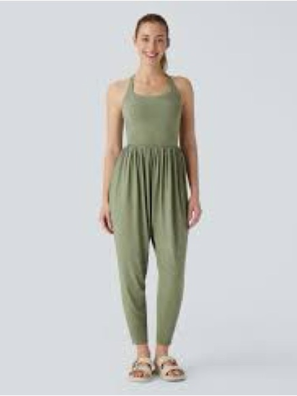 NWT Halara Easy Peezy Backless U-Neck Harem Casual Jumpsuit - Green - Size M